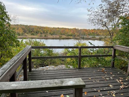 A wooden deck overlooks a calm river surrounded by trees with autumn foliage under a cloudy sky.