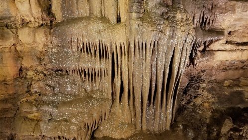 Stalactites and stalagmites form intricate patterns on a cave wall, glistening with moisture.