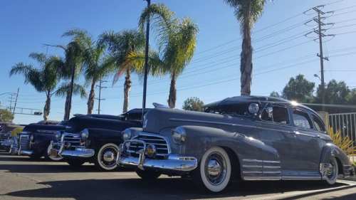Three classic cars parked under palm trees, showcasing vintage designs and shiny chrome details against a clear blue sky.
