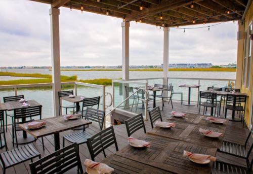 Outdoor dining area with wooden tables and chairs overlooking a calm waterway and grassy shoreline.