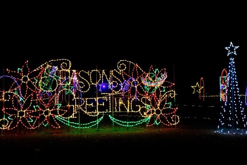 Colorful holiday lights display with "Season's Greetings" and a star-topped tree against a dark night sky.