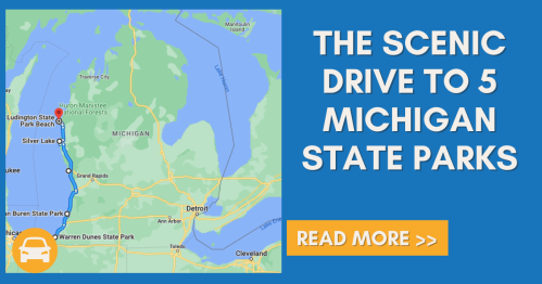 Map highlighting a scenic drive to five Michigan state parks, featuring Ludington State Park Beach and Silver Lake.