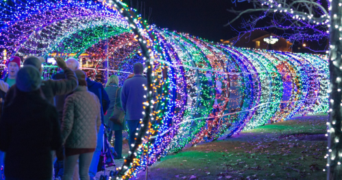 A colorful tunnel of lights with people walking through it at night, surrounded by festive decorations.