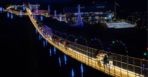 A brightly lit suspension bridge at night, adorned with colorful lights, leading to a festive building and tree.