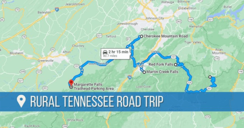 Map showing a rural Tennessee road trip route from Margarette Falls to Red Fork Falls, highlighting travel time and distance.