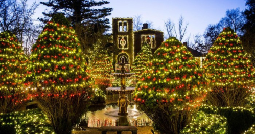 A beautifully lit garden with decorated trees and a fountain, all aglow with festive holiday lights at dusk.