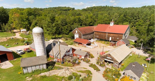 Aerial view of a farm with red barns, a silo, and green trees in the background.