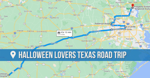 Map showing a route for a Halloween-themed road trip in Texas, highlighting key locations and travel time.