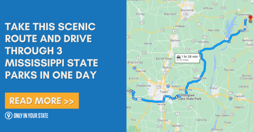 Map showing a scenic route through three Mississippi state parks, with a travel time of 1 hour and 28 minutes.