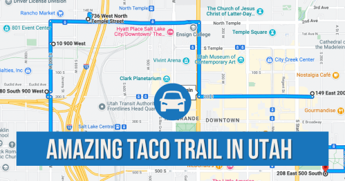 Map highlighting the Amazing Taco Trail in Utah, featuring key locations and a route marked in blue.