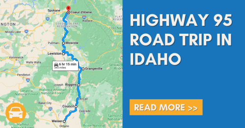 Map of Highway 95 road trip in Idaho, highlighting the route from Coeur d'Alene to Lewiston.