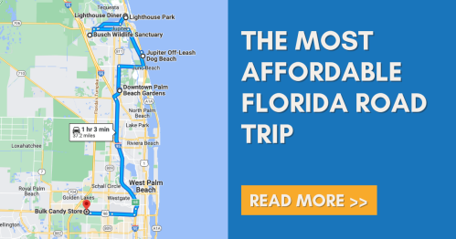 Map highlighting a route for an affordable Florida road trip, with text promoting the trip and a "Read More" button.