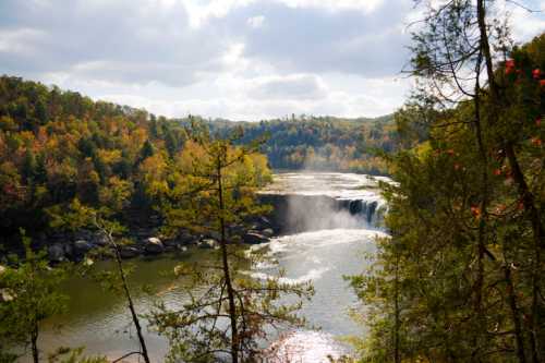 A scenic view of a waterfall surrounded by lush trees and colorful autumn foliage under a cloudy sky.