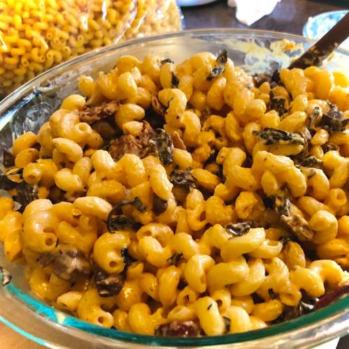 A glass bowl filled with creamy macaroni pasta mixed with mushrooms and herbs.