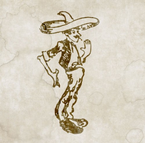 A vintage illustration of a man wearing a sombrero, standing with one hand raised in a playful pose.