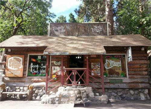A rustic log cabin store with a wooden porch, featuring signs for groceries, gifts, and local services.
