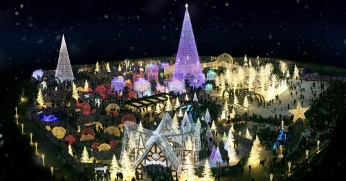 A vibrant holiday light display featuring colorful trees, decorations, and a large illuminated star in a festive park setting.