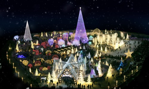 A vibrant holiday light display featuring colorful trees, a large illuminated pyramid, and festive decorations in a snowy setting.