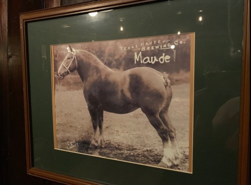 A vintage photograph of a horse named Maude, framed and displayed on a wall.