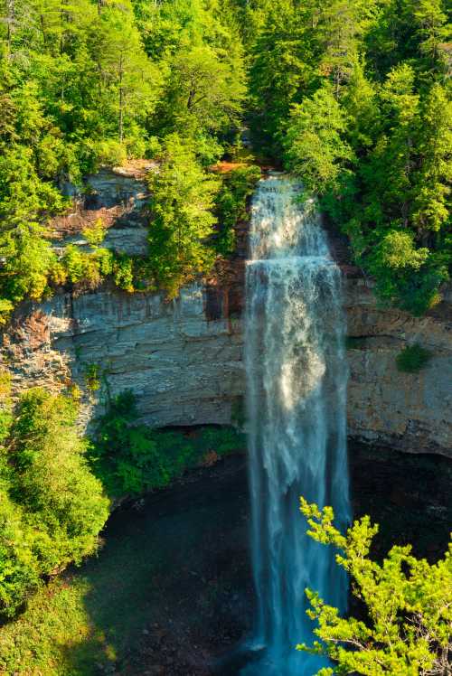 A stunning waterfall cascades down rocky cliffs, surrounded by lush green trees and vibrant foliage.