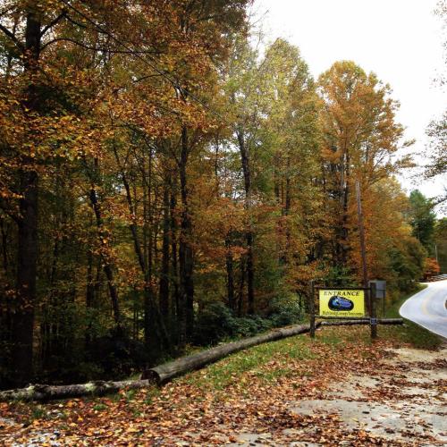 A scenic view of a wooded area in autumn, featuring colorful trees and a sign indicating an entrance.