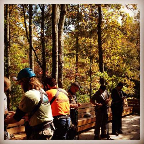 A group of people in harnesses preparing for an outdoor activity in a forested area with autumn foliage.