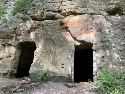Two cave-like openings in a rocky cliff, surrounded by greenery and dirt.