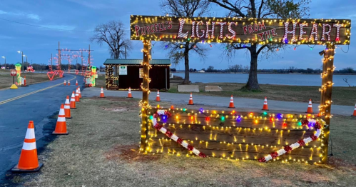 A festive display of lights along a pathway by a lake, featuring a sign that reads "Lights from the Heart."