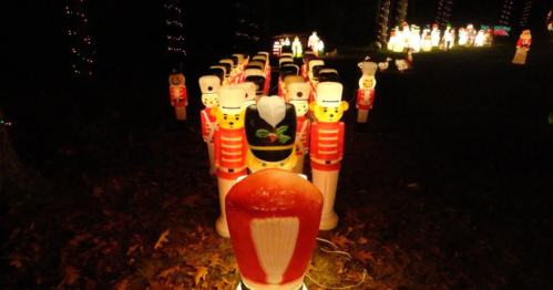 A festive display of illuminated toy soldiers in a dark outdoor setting, surrounded by holiday lights.