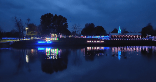 A serene night scene featuring colorful holiday lights reflecting on a calm lake. Trees and buildings are illuminated.