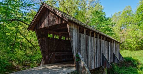 A rustic wooden covered bridge surrounded by lush green trees under a clear blue sky.