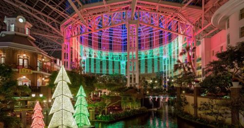 Colorful lights illuminate a large indoor atrium with festive trees and greenery, creating a vibrant holiday atmosphere.