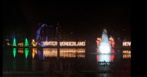Colorful holiday lights display with "Winter Wonderland" and festive decorations reflected in water at night.