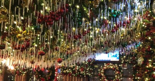A festive indoor scene with colorful Christmas decorations, including ornaments, lights, and icicle accents.
