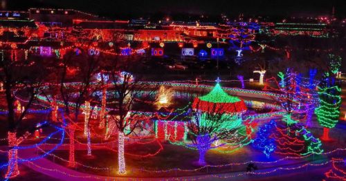 A vibrant display of colorful holiday lights illuminating trees and structures in a festive nighttime park scene.