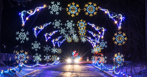 A festive archway of colorful lights and snowflake designs illuminates a winter road at night.