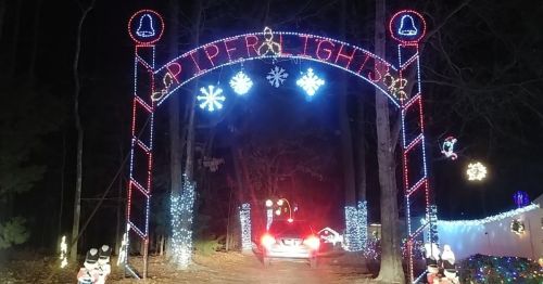 A car drives under a colorful archway reading "Jupiter Lights," surrounded by festive holiday decorations in a wooded area.