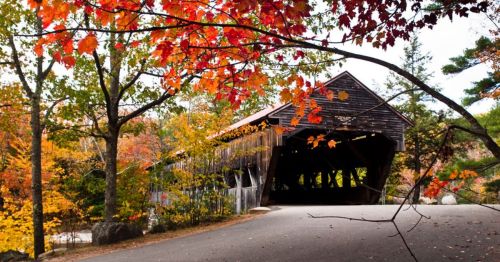 A scenic view of a covered bridge surrounded by vibrant autumn foliage in shades of red, orange, and yellow.