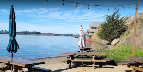 A serene waterfront scene with picnic tables, umbrellas, and a calm bay under a clear blue sky.