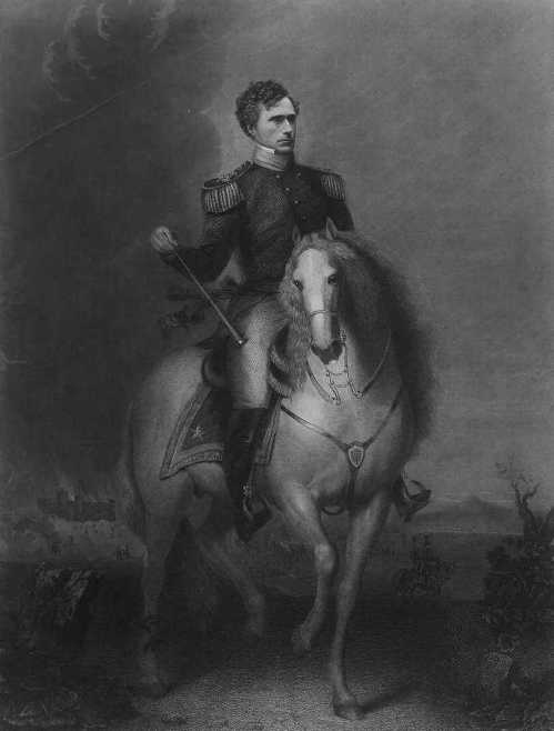 A historical portrait of a man in military uniform riding a horse, holding a riding crop, set against a dramatic background.