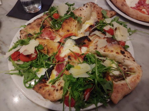 A pizza topped with arugula, cherry tomatoes, cheese, and slices of meat on a white plate.