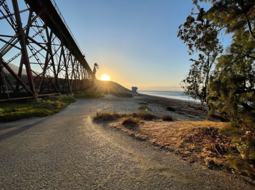 Sunrise over a beach with a path, trees, and a railway bridge in the foreground, creating a serene coastal scene.