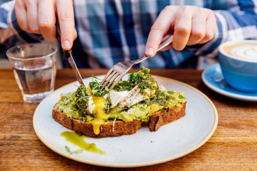 A person cuts into a plate of avocado toast topped with poached eggs and pesto, with a glass of water and coffee nearby.