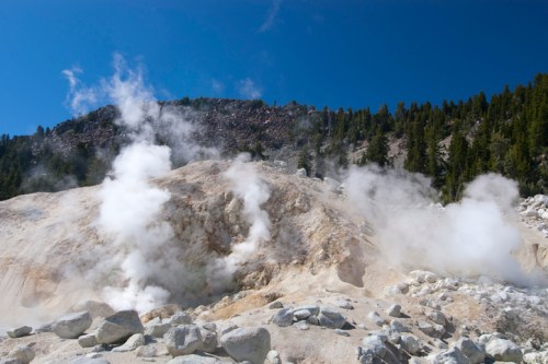 Steam rises from rocky geothermal features against a backdrop of trees and a clear blue sky.