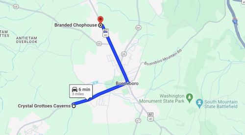 Map showing directions from Crystal Grottoes Caverns to Branded Chophouse in Boonsboro, MD, with a 6-minute travel time.