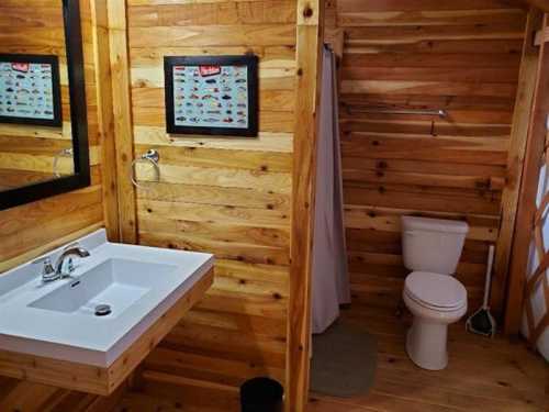 A rustic wooden bathroom featuring a sink, mirror, and toilet, with a shower curtain in a cozy cabin setting.