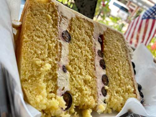 A slice of layered cake with cream and blueberries, displayed on a plate with a hint of greenery in the background.