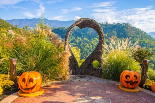 A heart-shaped archway surrounded by greenery and two carved pumpkins in a scenic outdoor setting.