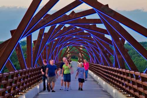 A group of people walking on a bridge with vibrant blue lights and a scenic green landscape in the background.