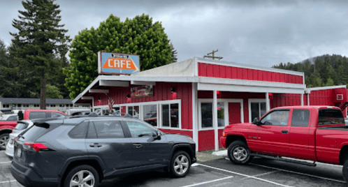 A red cafe building with a sign reading "Cafe" and parked cars in front, set against a cloudy sky and trees.